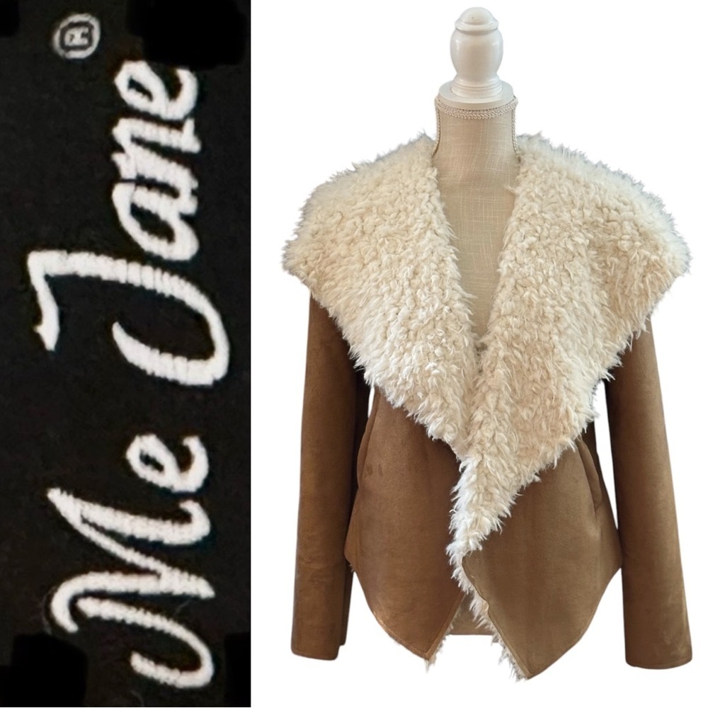 Women's Tan and Cream Shearling Jacket ~ Vegan Sherpa & Suede by Me Jane - Picture 16 of 16